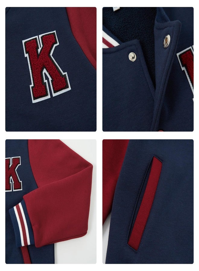 Volunboy Kids Baseball Jackets Boys Varsity Coats Button Down Patchwork Fall Winter Fleece Bomber Outerwear (Navy, 3-4T) - Image 5
